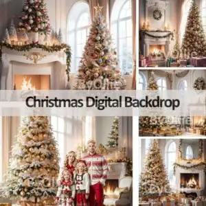 10 Holiday Digital Backdrops Family Cozy Christmas Tree Beautiful House Mansion Kid Digital Portrait Photography Backgrounds Photoshop