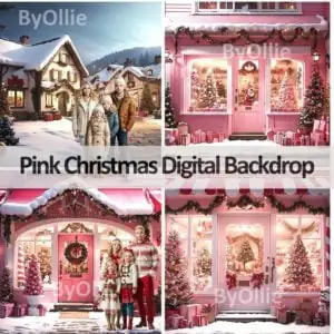 4 Pink Christmas Village House CG Digital Backdrops Stock Winter Backgrounds North Pole Santa's, Shops Snow Instagram Travel Family Overlays