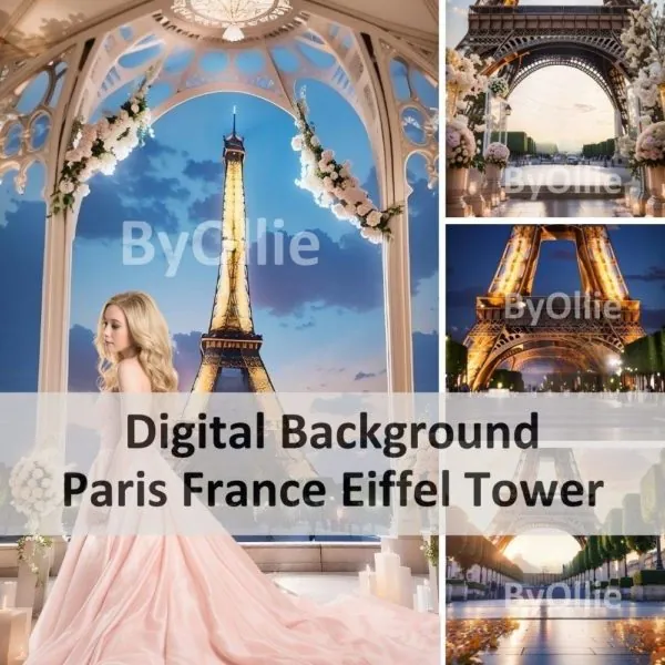 Eiffel Tower Paris France, Couple Honeymoon Vacation Wedding Debutante Chic Studio Aesthetic Digital Photography Backdrop Background Overlay