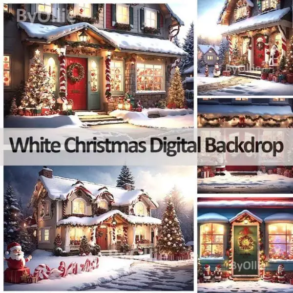 10 Winter Snow Christmas Digital Backdrops | Village House Santa Victorian Scene Backgrounds Replacement Family Photo Composite Photoshop