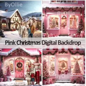 14 Christmas Pink White Winter Village House Digital Backdrops Backgrounds North Pole Santa's, Shops Snow Instagram Travel Family Overlays