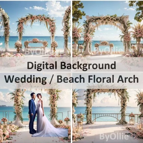 8 Tropical Beach Digital Backgrounds Floral Arch Sky Wedding Couple Honeymoon Pre nuptial Debutante Photography Portrait Backdrops Aesthetic