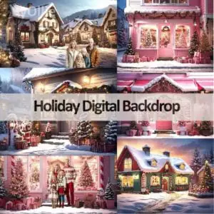 16 Bundle Christmas Pink White Winter Village Digital Backdrops Backgrounds North Pole Santa's Shops Snow Instagram Travel Family Overlays