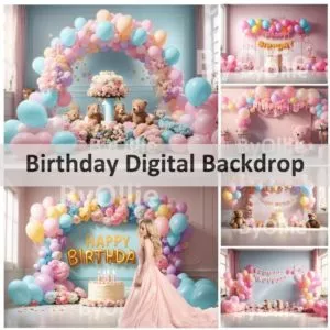 Birthday First 1st Children Baby Toddler Kids Balloons Arches Flowers Cakes Digital Virtual Aesthetic Photography Background Backdrop JPEG